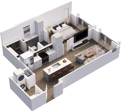 Floor plan for 1 bed, 1 bath, 745 sqft